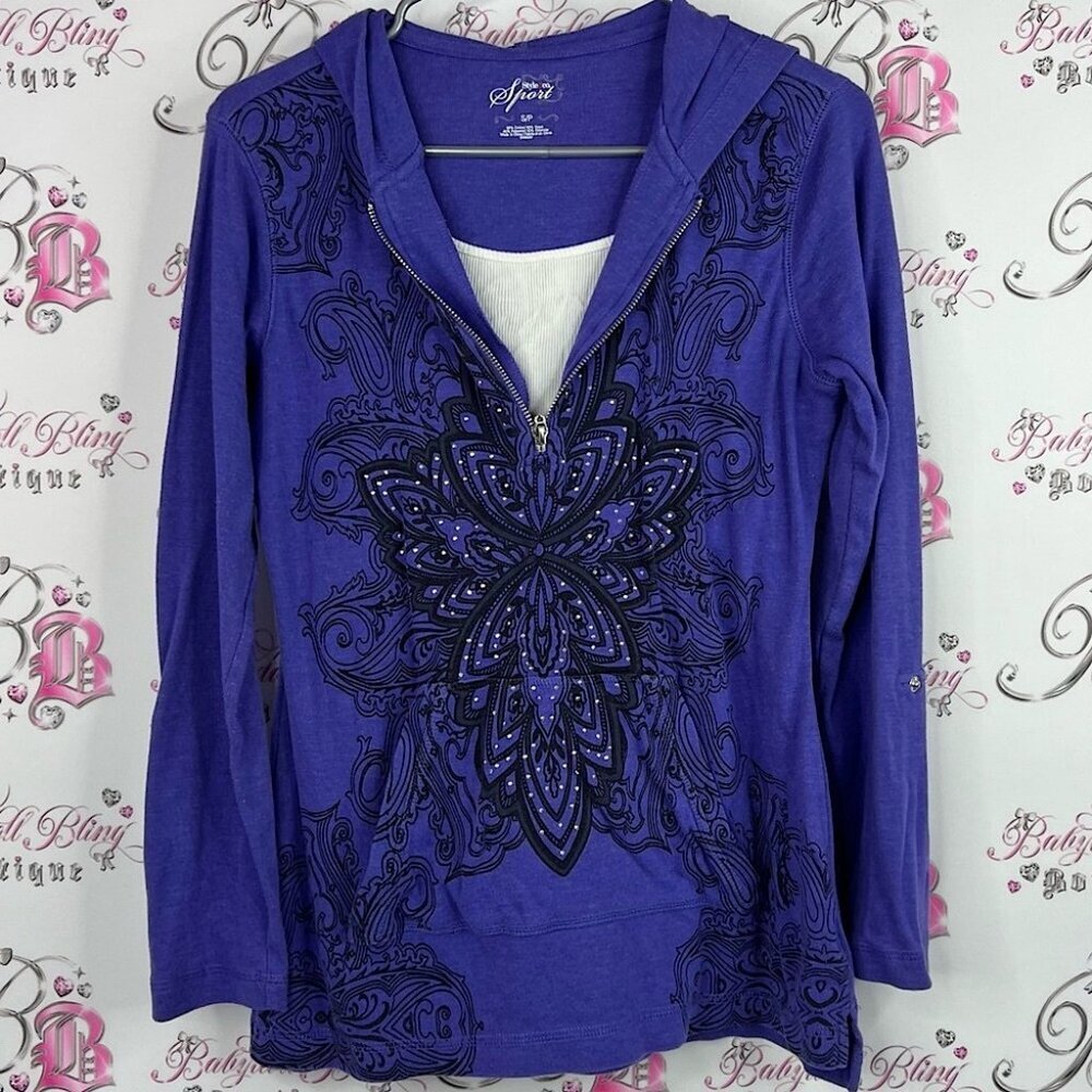 Style & Co. Sport hoodie half zip pull over purple Hoodie with Floral Design